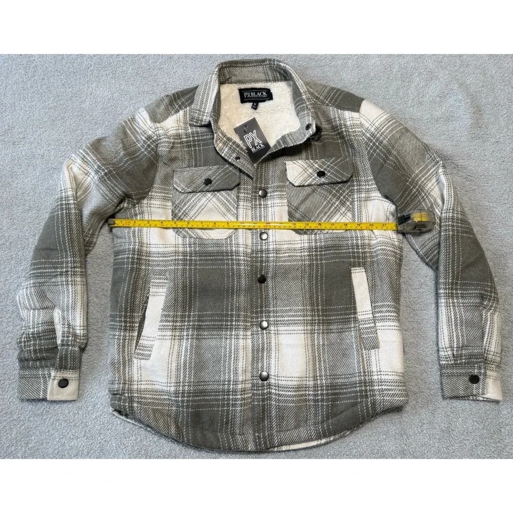 NWT - PX BLACK Sherpa Lined Flannel Shacket Plaid Gray/Green And White  Size‎ M